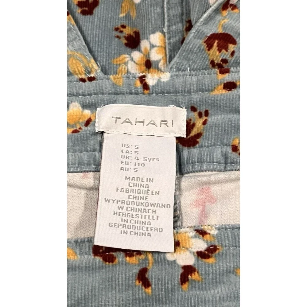 Tahari Girl Corduroy Dress Jumper Size 5  Blue Floral Boho Easter Spring Dress